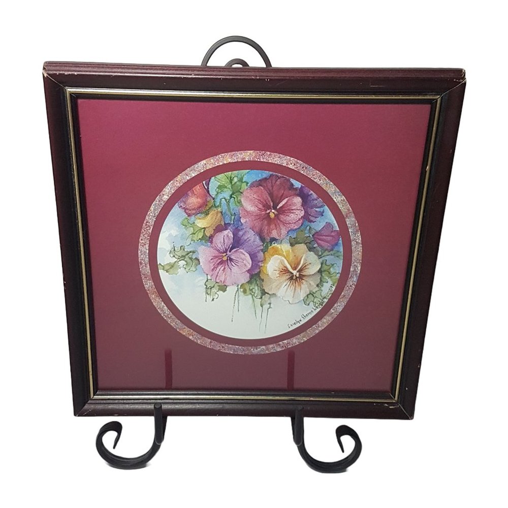 Vintage 1990s Carolyn Shores Wright Framed Print Floral Flowers Pansy Pansies